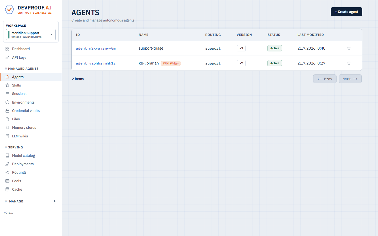 The agents list: versioned agents with routing, status and a wiki-writer badge.