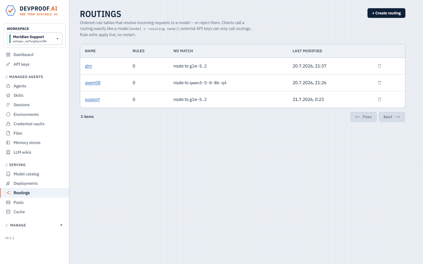Routings: named rule tables that resolve client requests to deployments.
