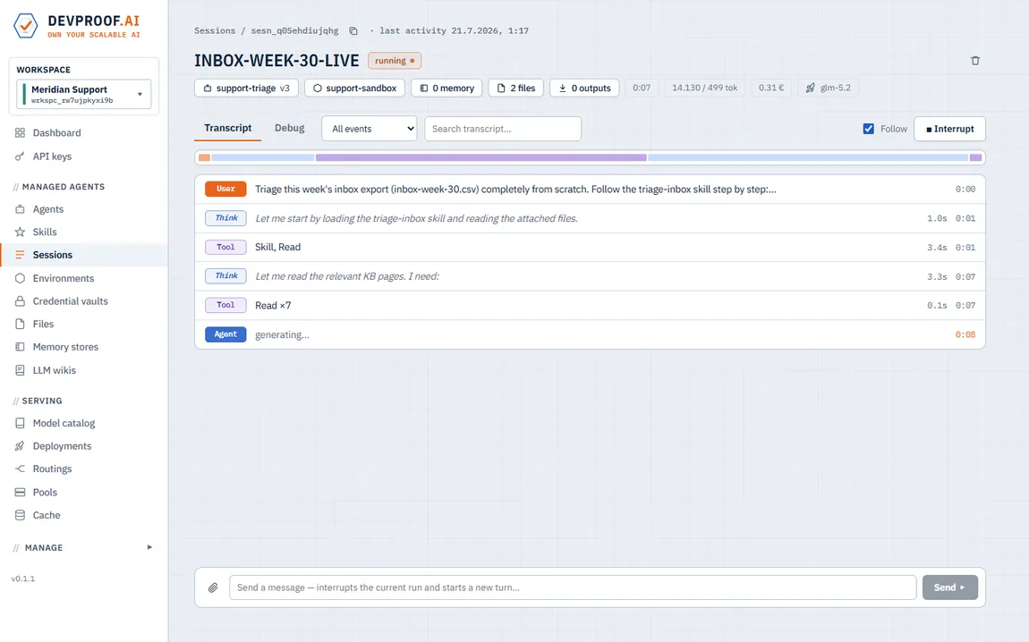A live agent session recorded in real time: the transcript grows with thinking and tool calls, tokens and cost tick up, the agent delegates to a second agent, and the final result opens as rendered markdown.