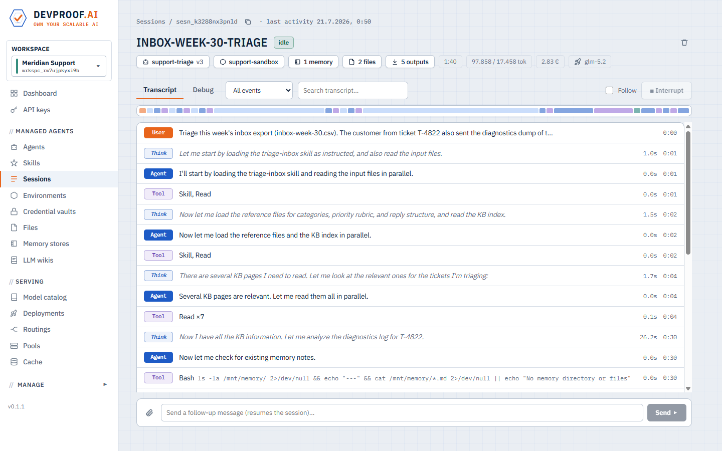 Transcript start: the agent loads its triage skill and reads the attached CSV and diagnostics log in parallel.