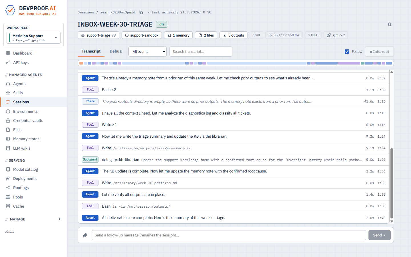 A complete session transcript: thinking, tool calls and results, with token totals and timing per step.