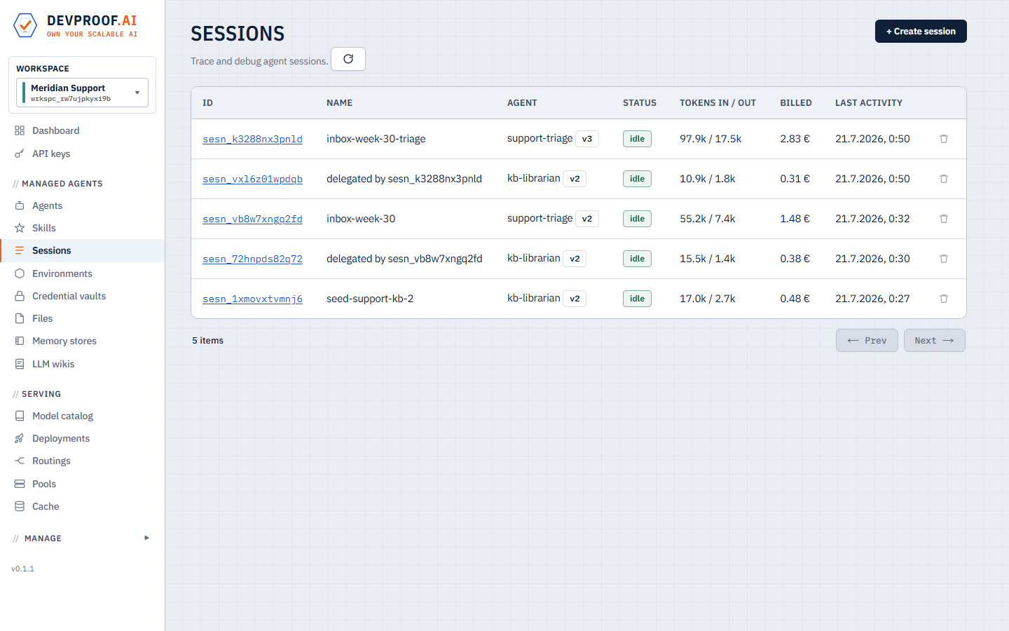The sessions list with token usage and billed cost per session, including a delegated child session.